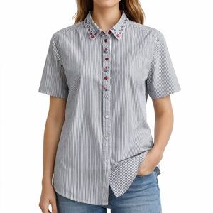 TanJay Blue Striped Floral Embroidered Button Down Shirt Short Sleeve Size 12